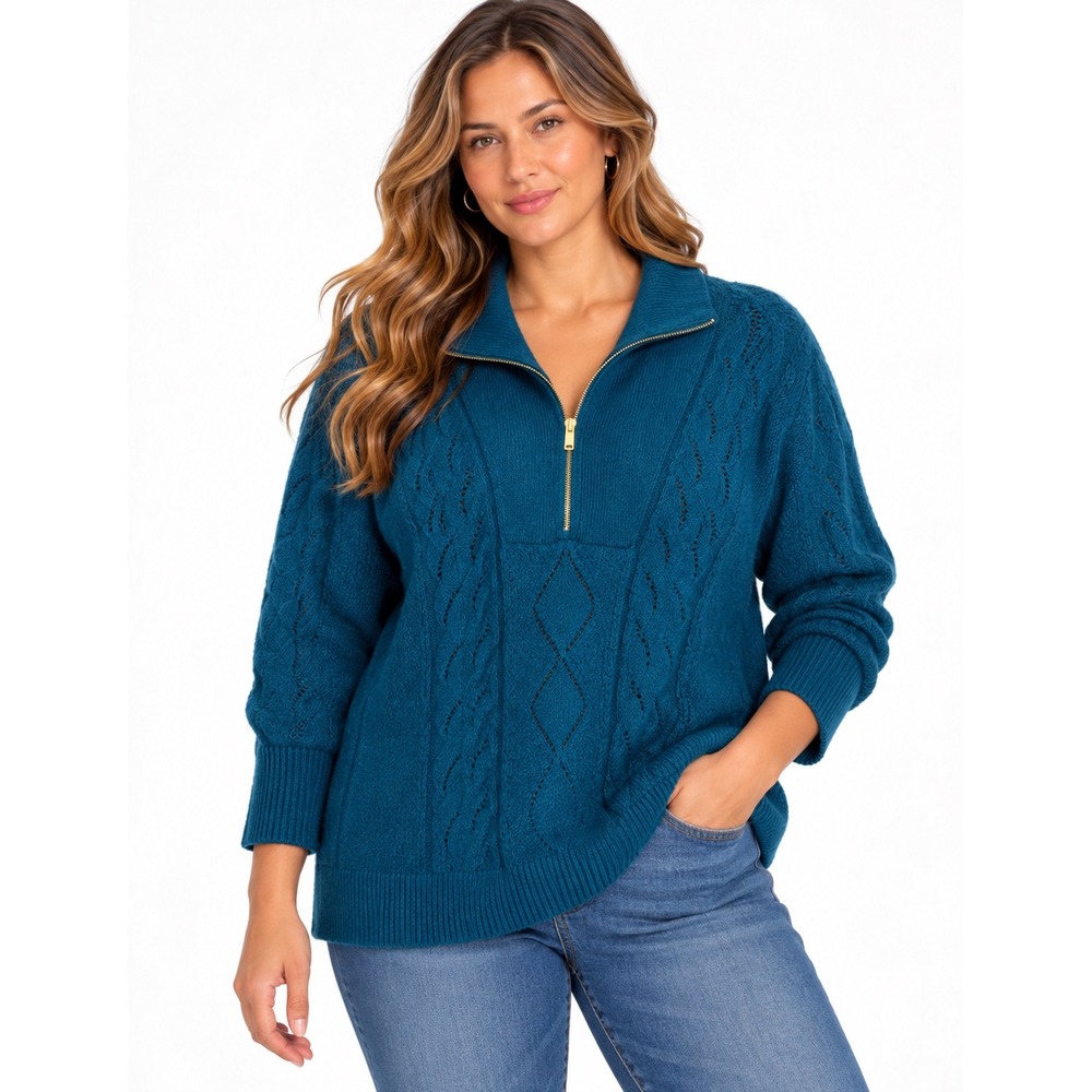 Talbots Plus Teal Blue Cable Knit Quarter Zip Sweater 1X Mock Neck Pointelle